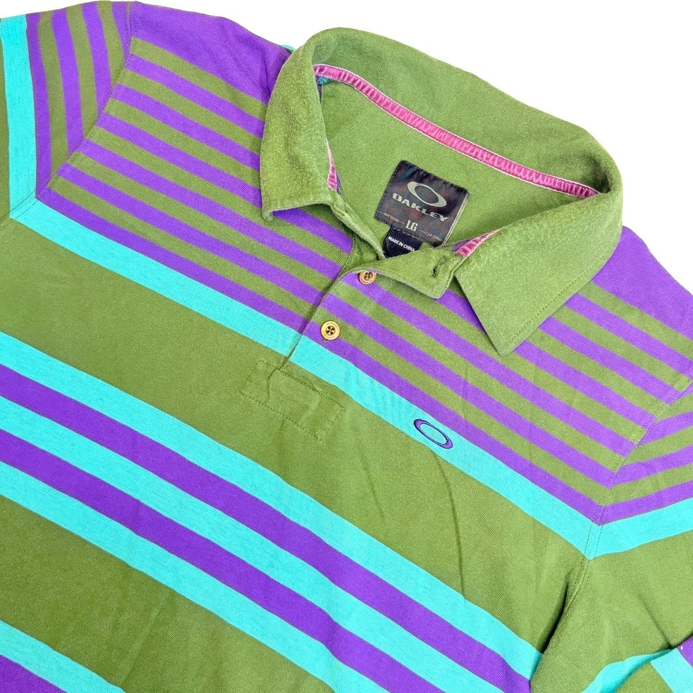 Y2K Oakley Rugby Polo Shirt Men's Large Green Purple‎ Striped Long Sleeve Cotton